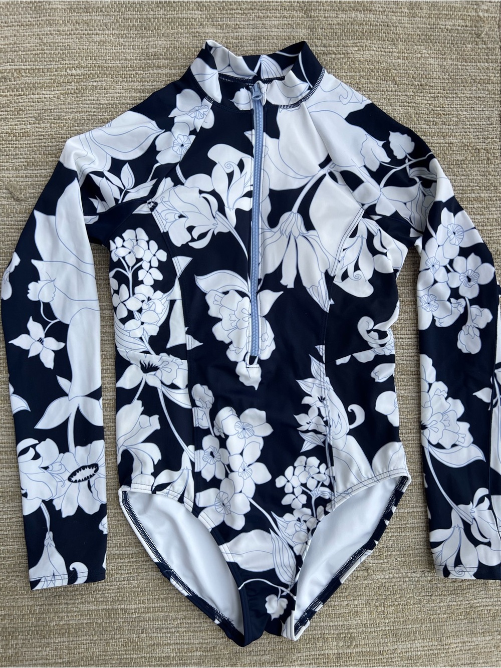 Lands' End Navy Blue & White Floral Long-Sleeve Rash Guard Swimsuit size 6P